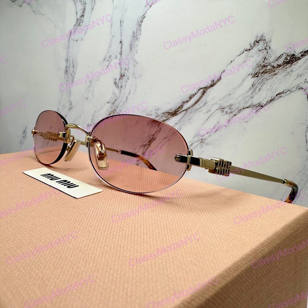 New MIU MIU Sunglasses Gold Metal Pink Oval Authentic Gradient